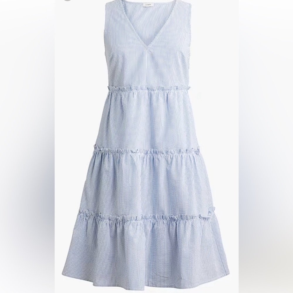J. Crew Blue and White Striped Sleeveless V-Neck Tiered Dress